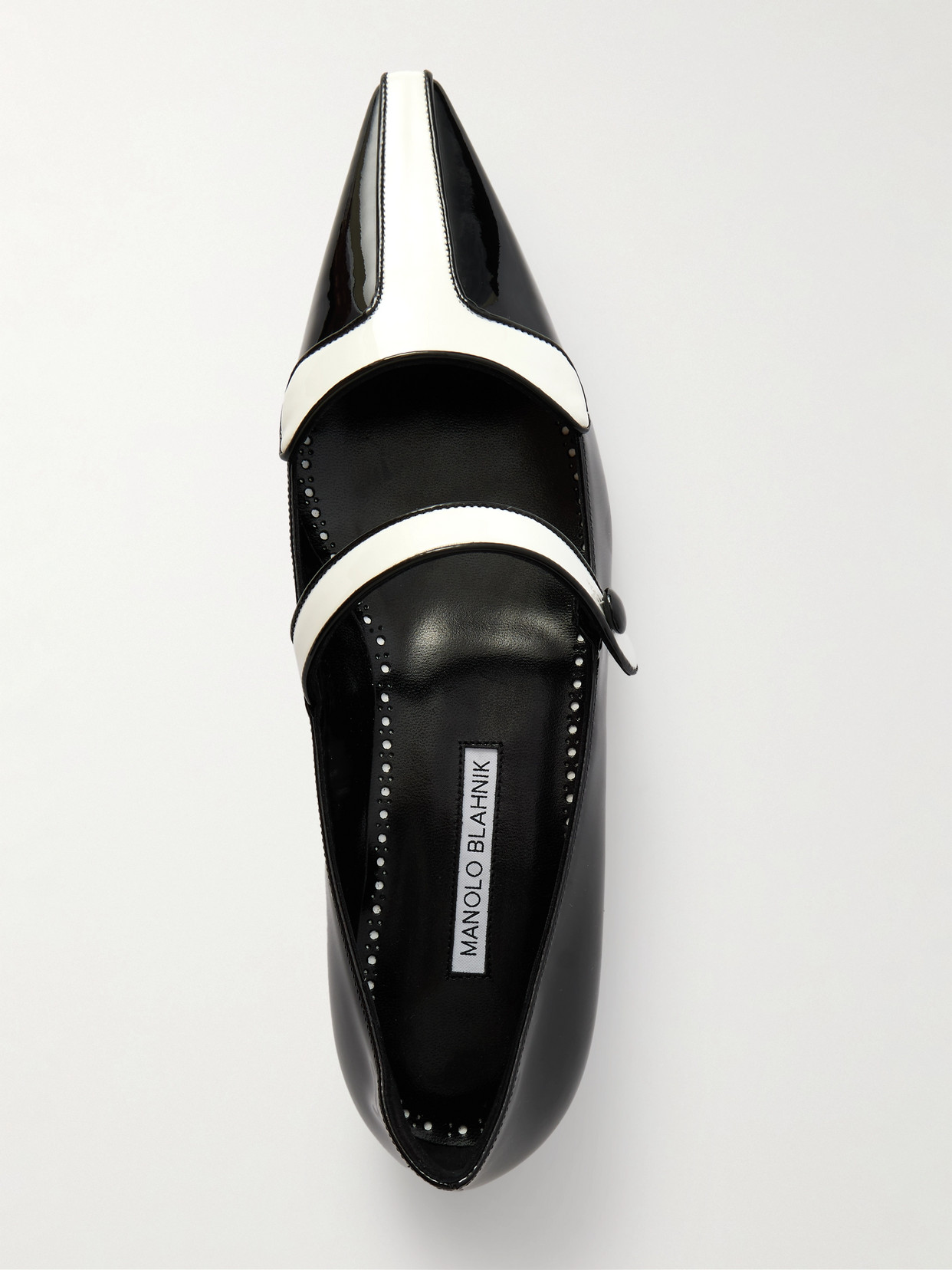 Manolo Blahnik Ganeus Two-tone Patent-leather Mary-jane Point-toe Flats In Black