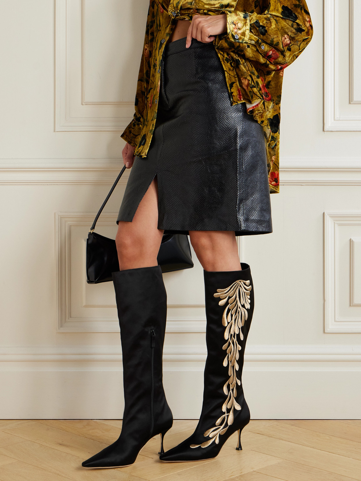 Manolo Blahnik Menki 70 Embroidered Satin Knee Boots In Black