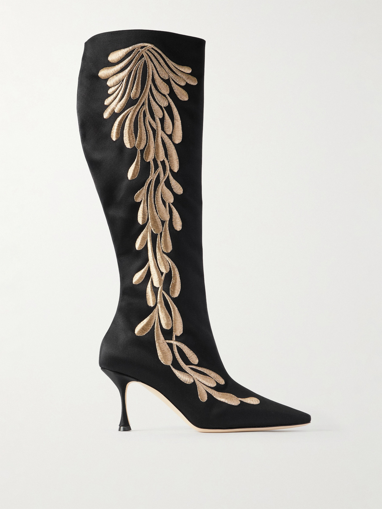 Manolo Blahnik Menki 70 Embroidered Satin Knee Boots In Black