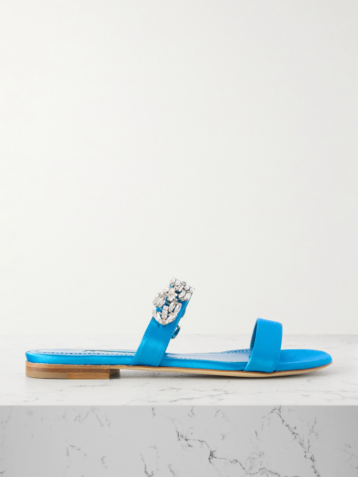 Manolo Blahnik Sakota Crystal-embellished Satin Flats In Blue