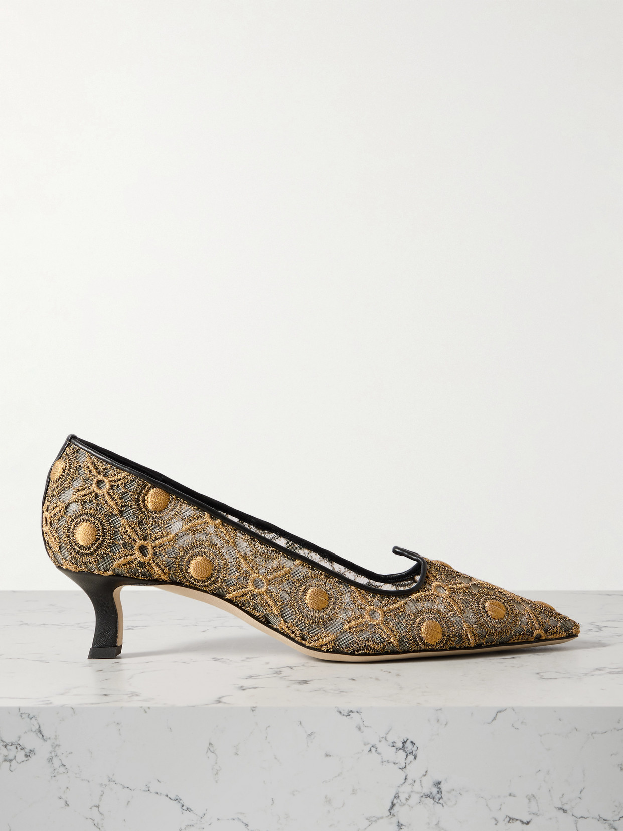 Manolo Blahnik Euridi 50 Leather-trimmed Lace And Mesh Pumps In Gold