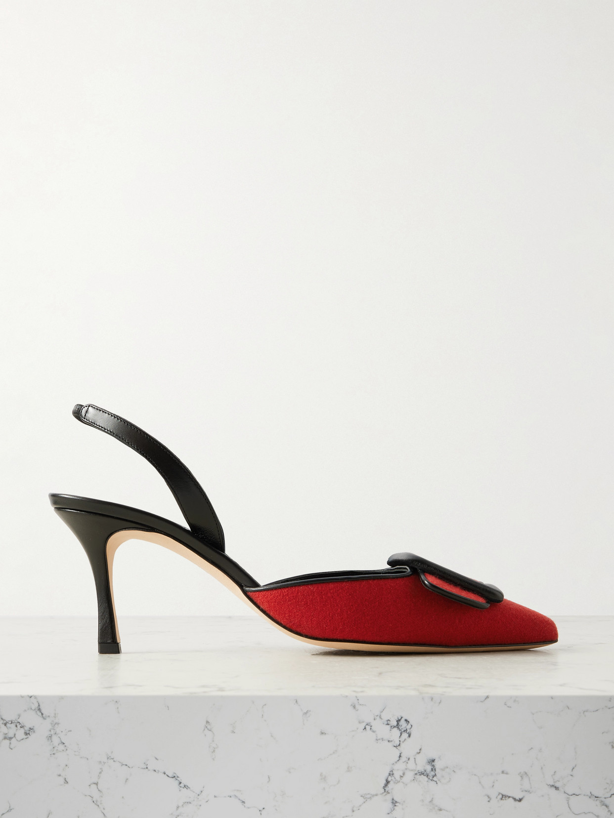Manolo Blahnik Mayslibi 70 Buckled Leather-trimmed Velvet Slingback Pumps In Red