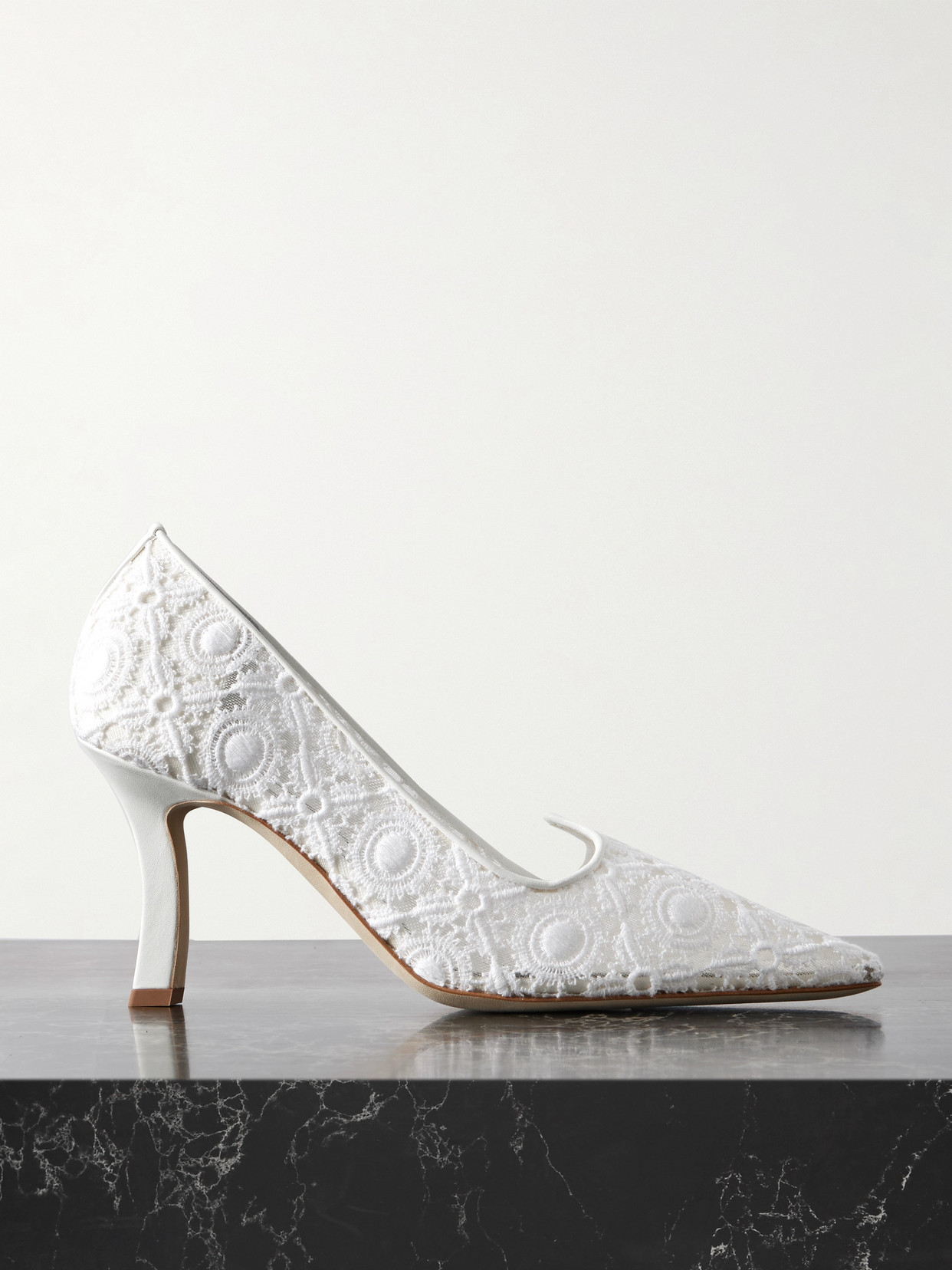 Manolo Blahnik Euridi 90 Leather-trimmed Lace Pumps In White
