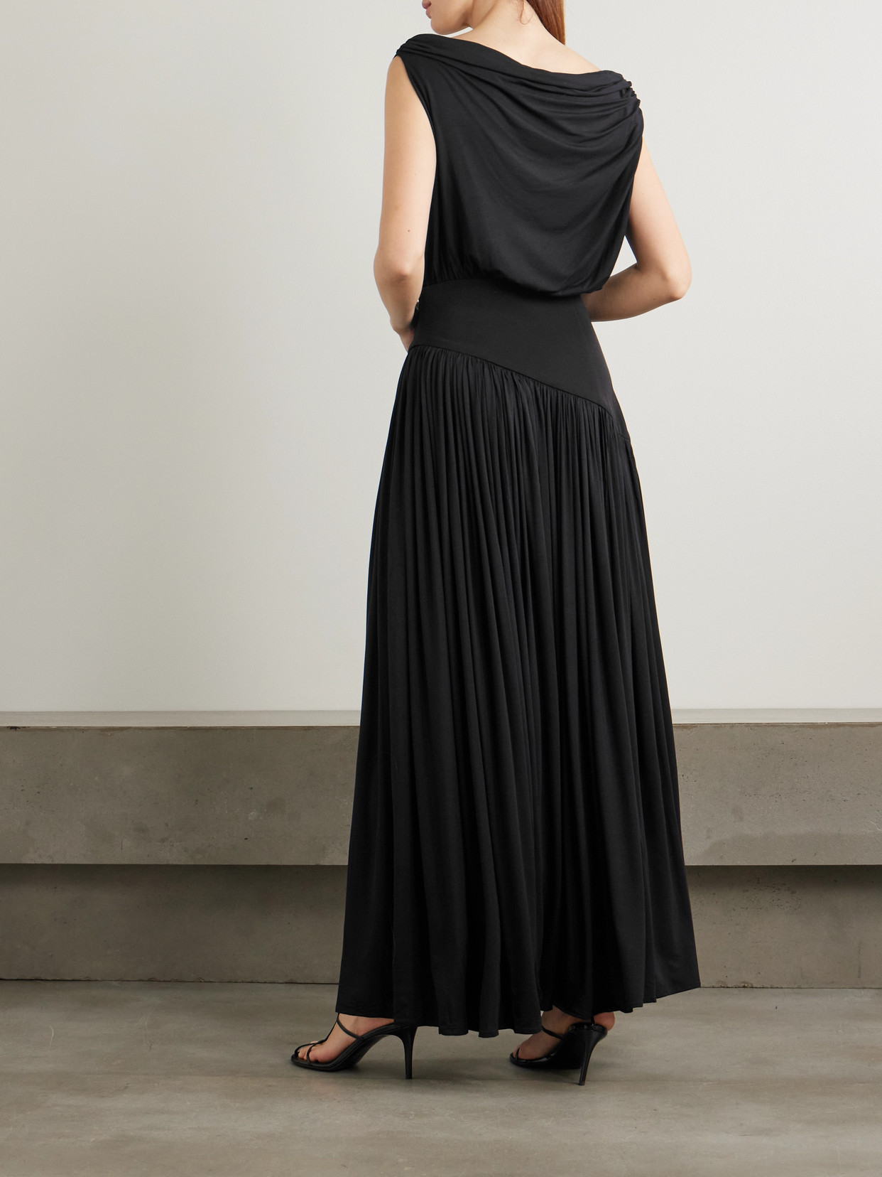 Abadia One-shoulder Asymmetric Draped Jersey-trimmed Stretch-bamboo Maxi Dress In Black