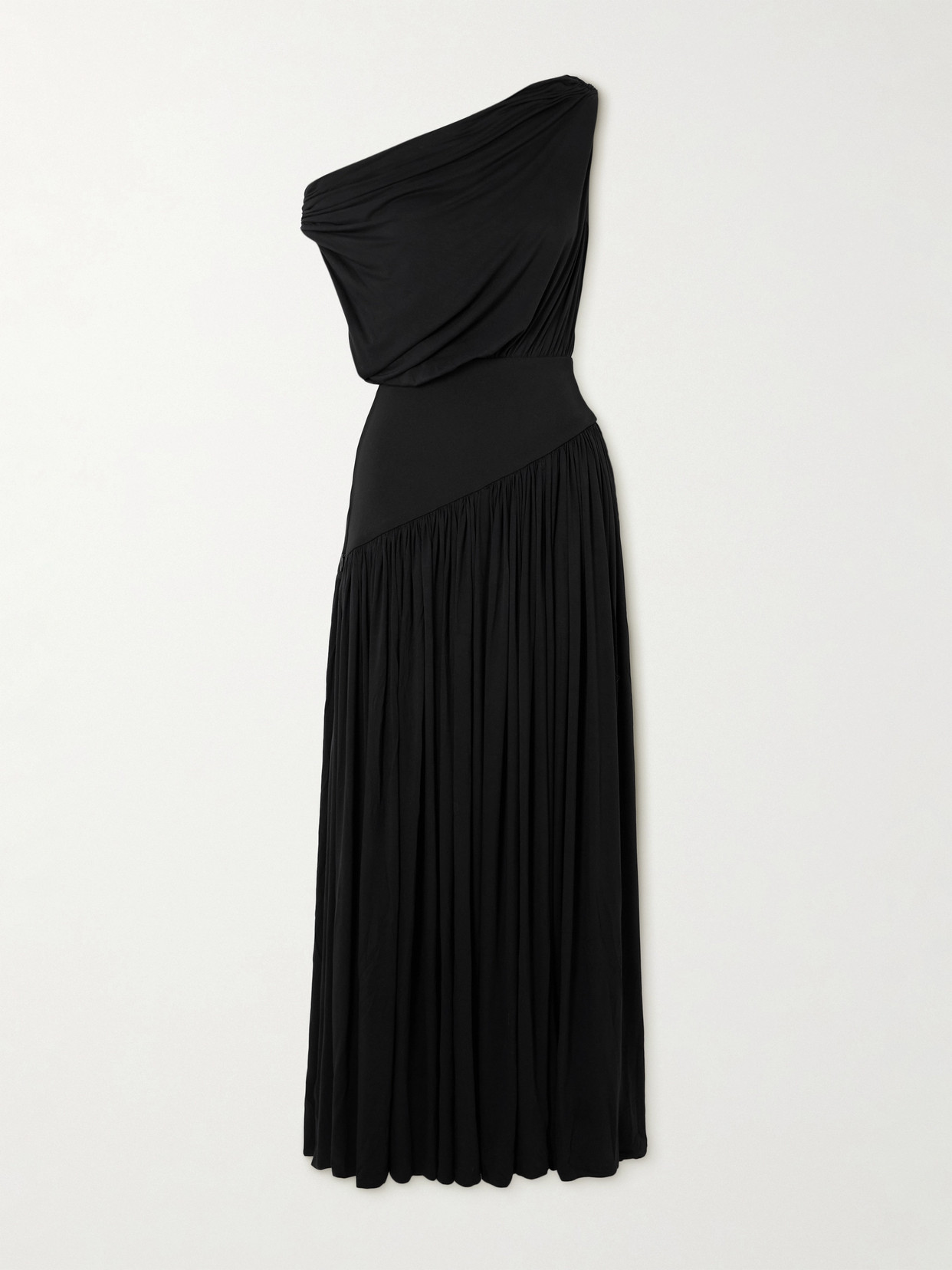 Abadia One-shoulder Asymmetric Draped Jersey-trimmed Stretch-bamboo Maxi Dress In Black