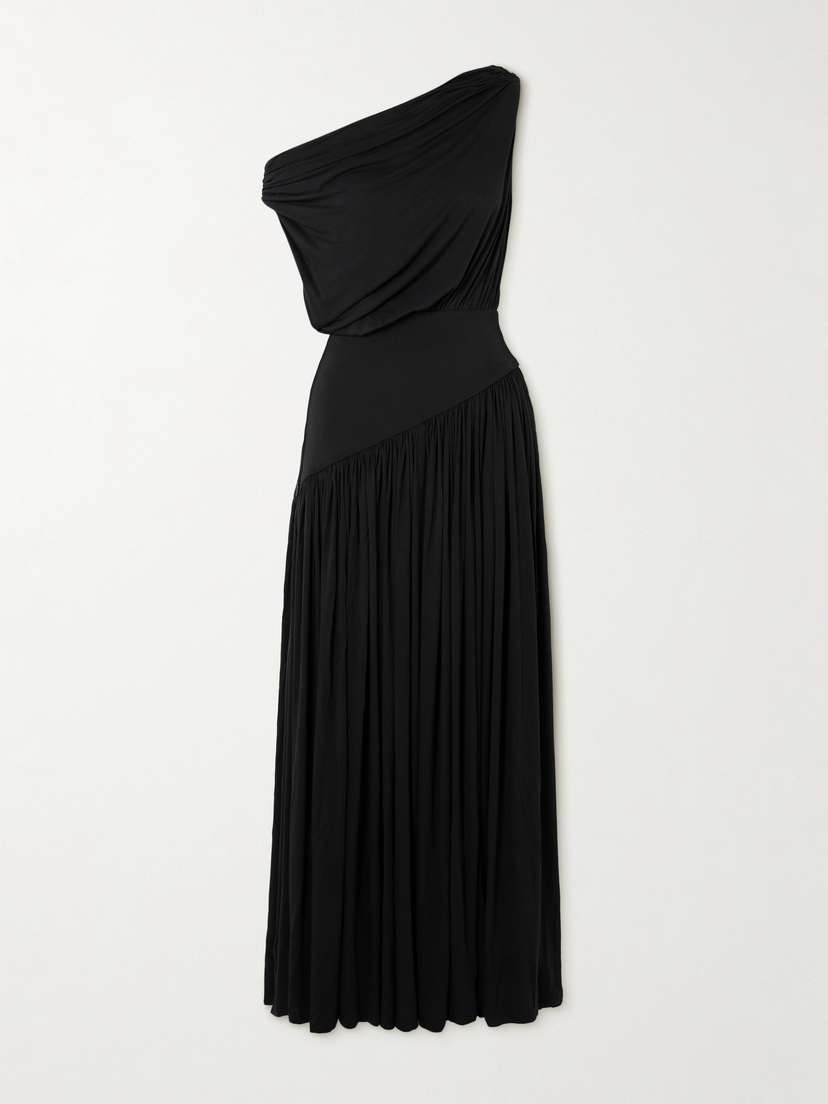 Abadia Gwen One-shoulder Asymmetric Draped Jersey-trimmed Stretch-bamboo Maxi Dress
