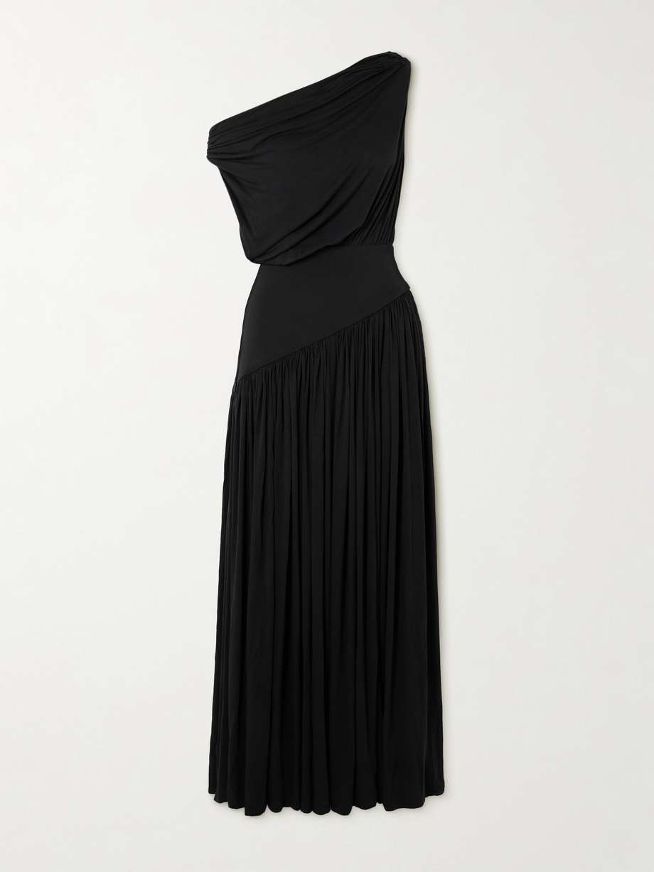 one-shoulder asymmetric draped jersey-trimmed stretch-bamboo maxi dress