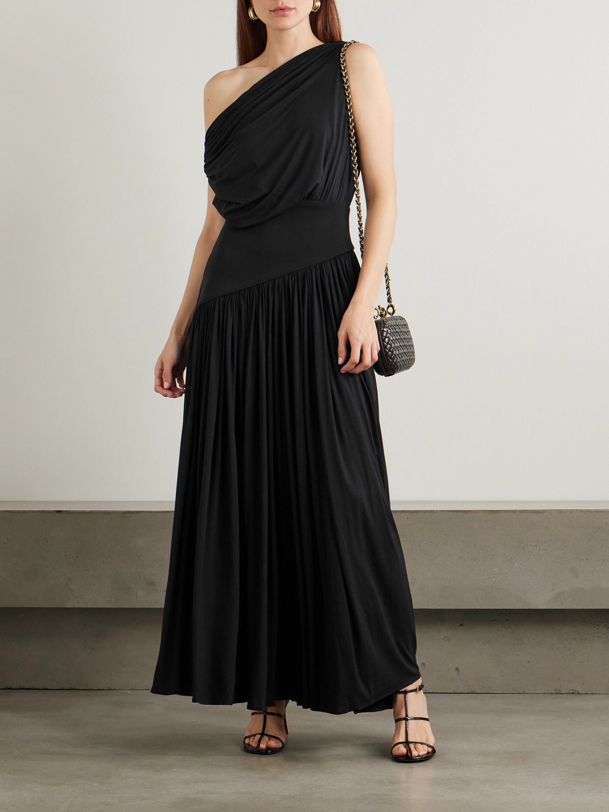 Abadia One-shoulder Asymmetric Draped Jersey-trimmed Stretch-bamboo Maxi Dress In Black