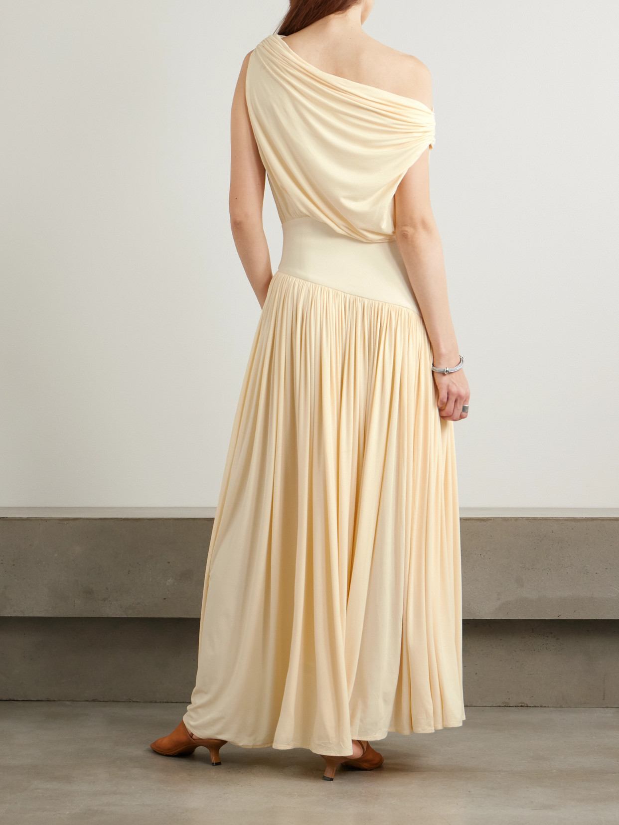 Abadia One-shoulder Asymmetric Draped Jersey-trimmed Stretch-bamboo Maxi Dress In Cream