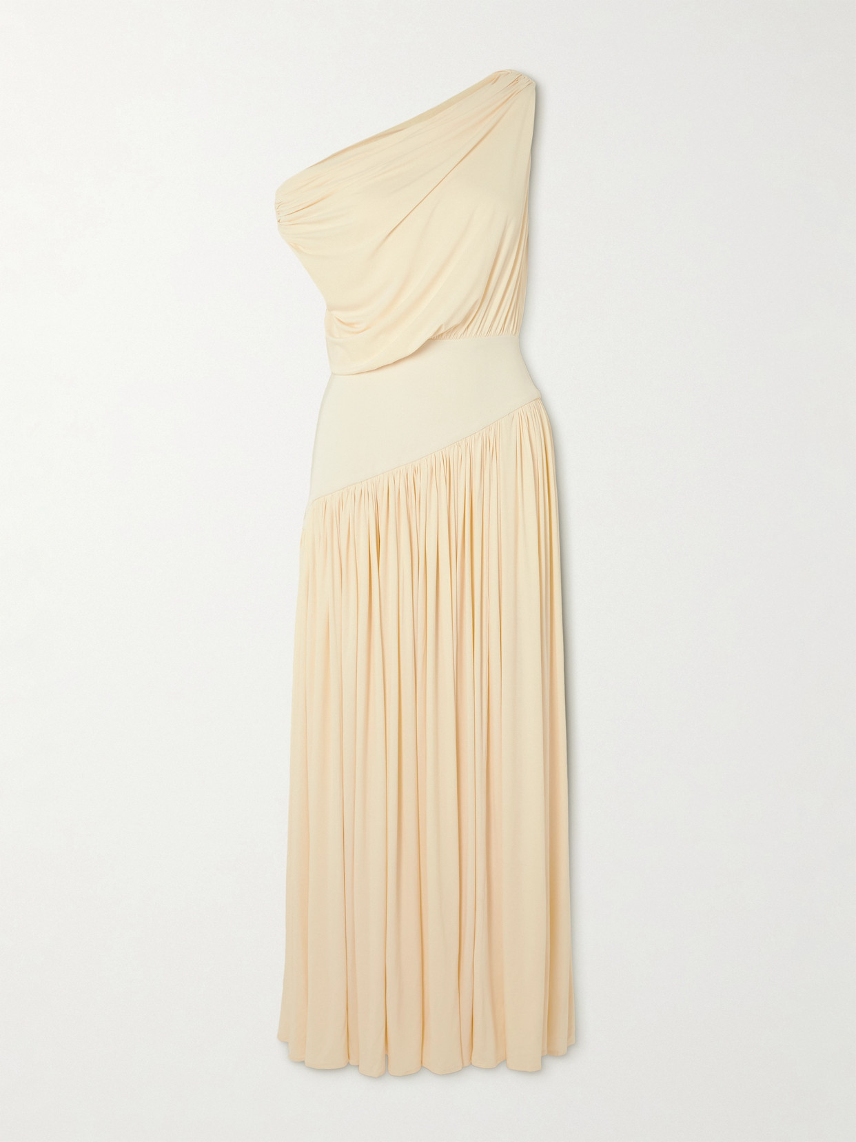 Abadia One-shoulder Asymmetric Draped Jersey-trimmed Stretch-bamboo Maxi Dress In 奶油色