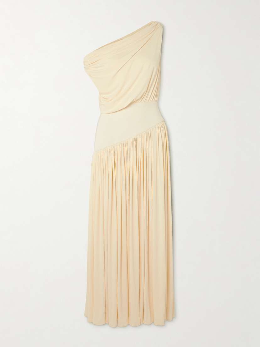 Abadia Gwen One-shoulder Asymmetric Draped Jersey-trimmed Stretch-bamboo Maxi Dress
