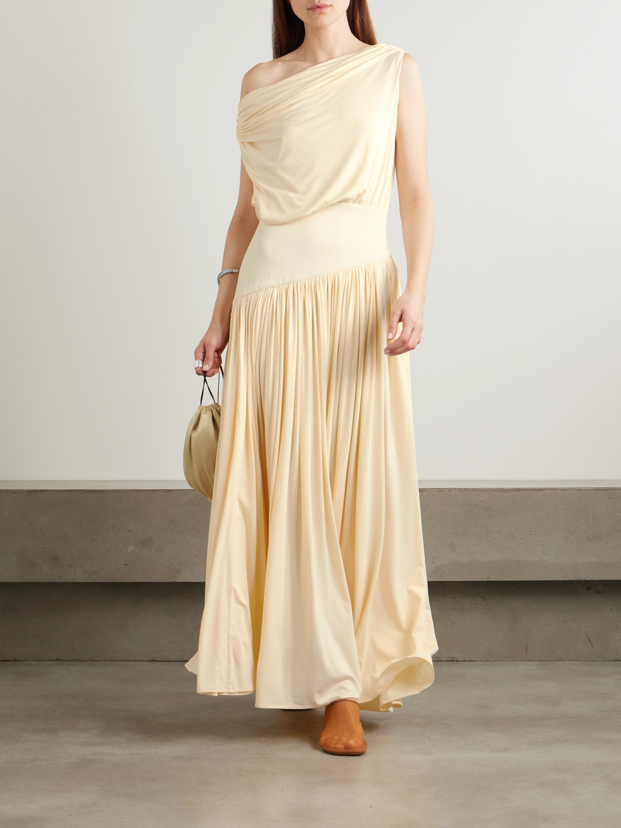 Abadia One-shoulder Asymmetric Draped Jersey-trimmed Stretch-bamboo Maxi Dress In Cream