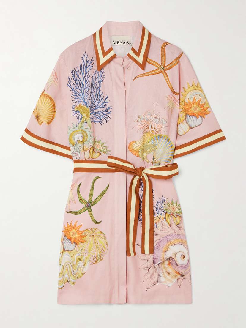 ALEMAIS + Sam Pauletto Nereids Belted Printed Linen-gauze Mini Shirt Dress