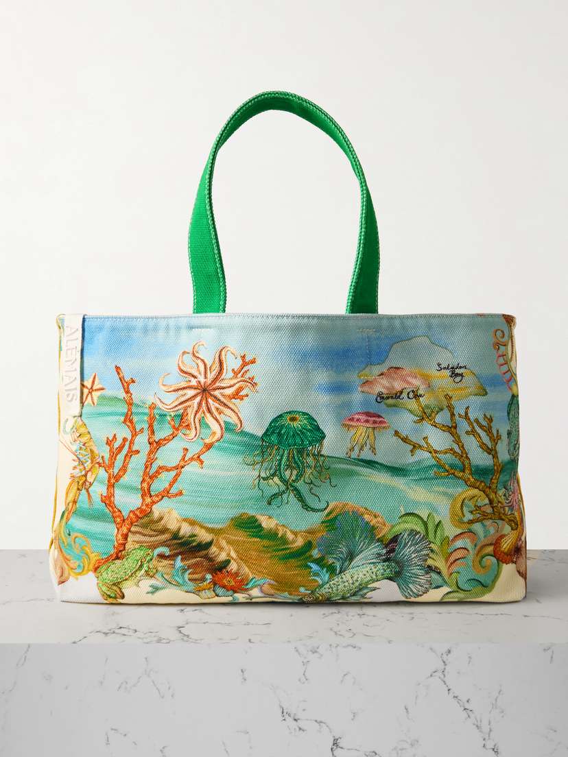 ALEMAIS + Sam Pauletto Emerald Cove Embroidered Printed Cotton-canvas Tote