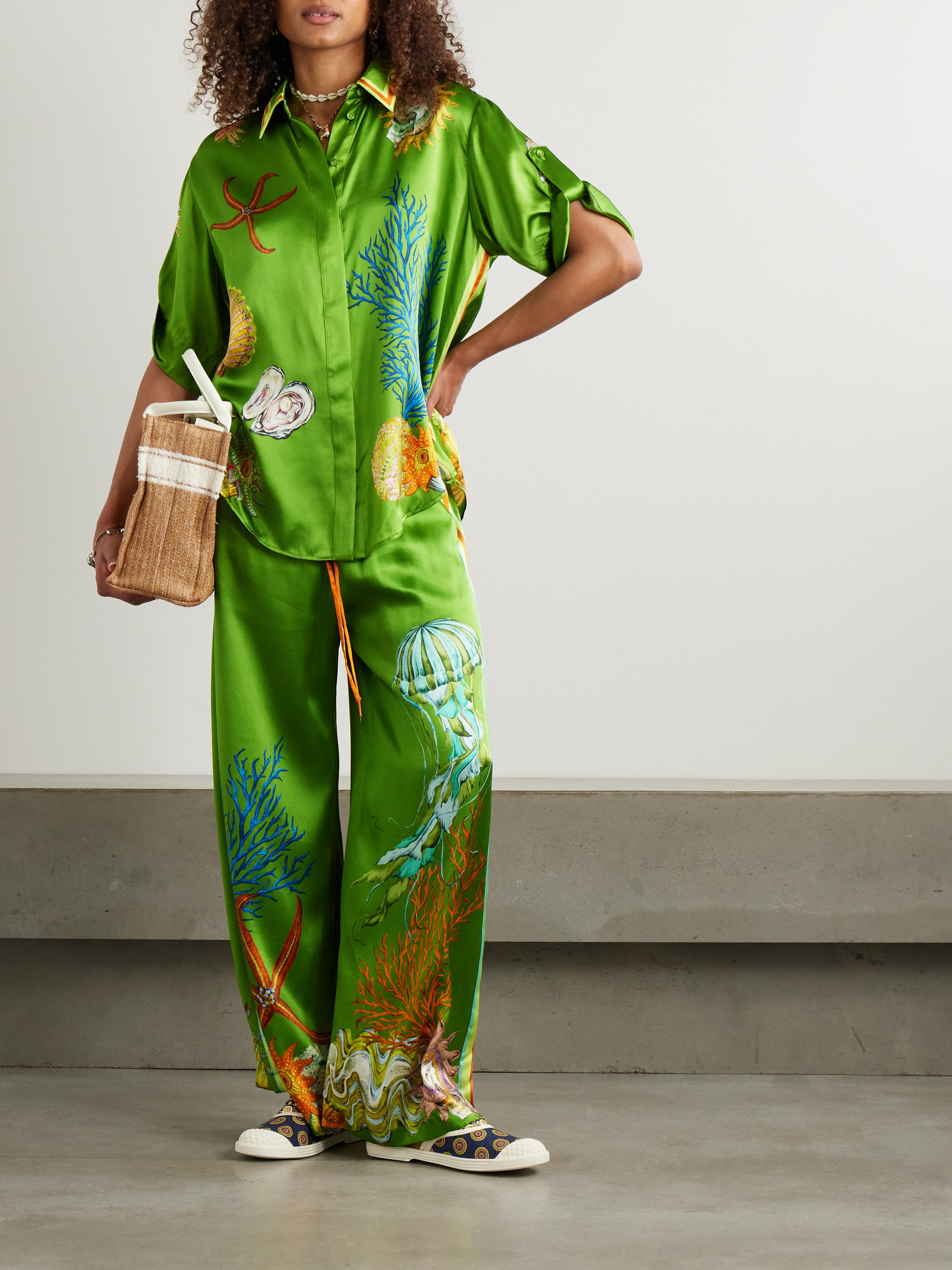 Alémais + Sam Pauletto Aquatica printed silk-satin wide-leg pants