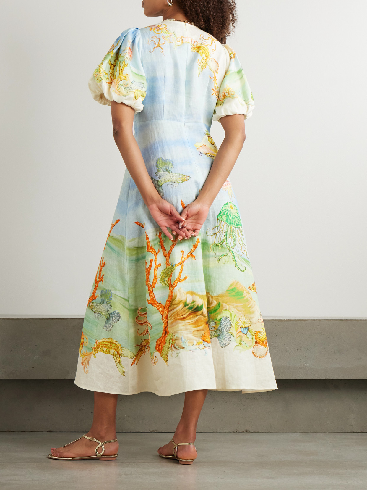 Alemais + Sam Pauletto Emerald Cove Gathered Printed Linen-gauze Midi Dress