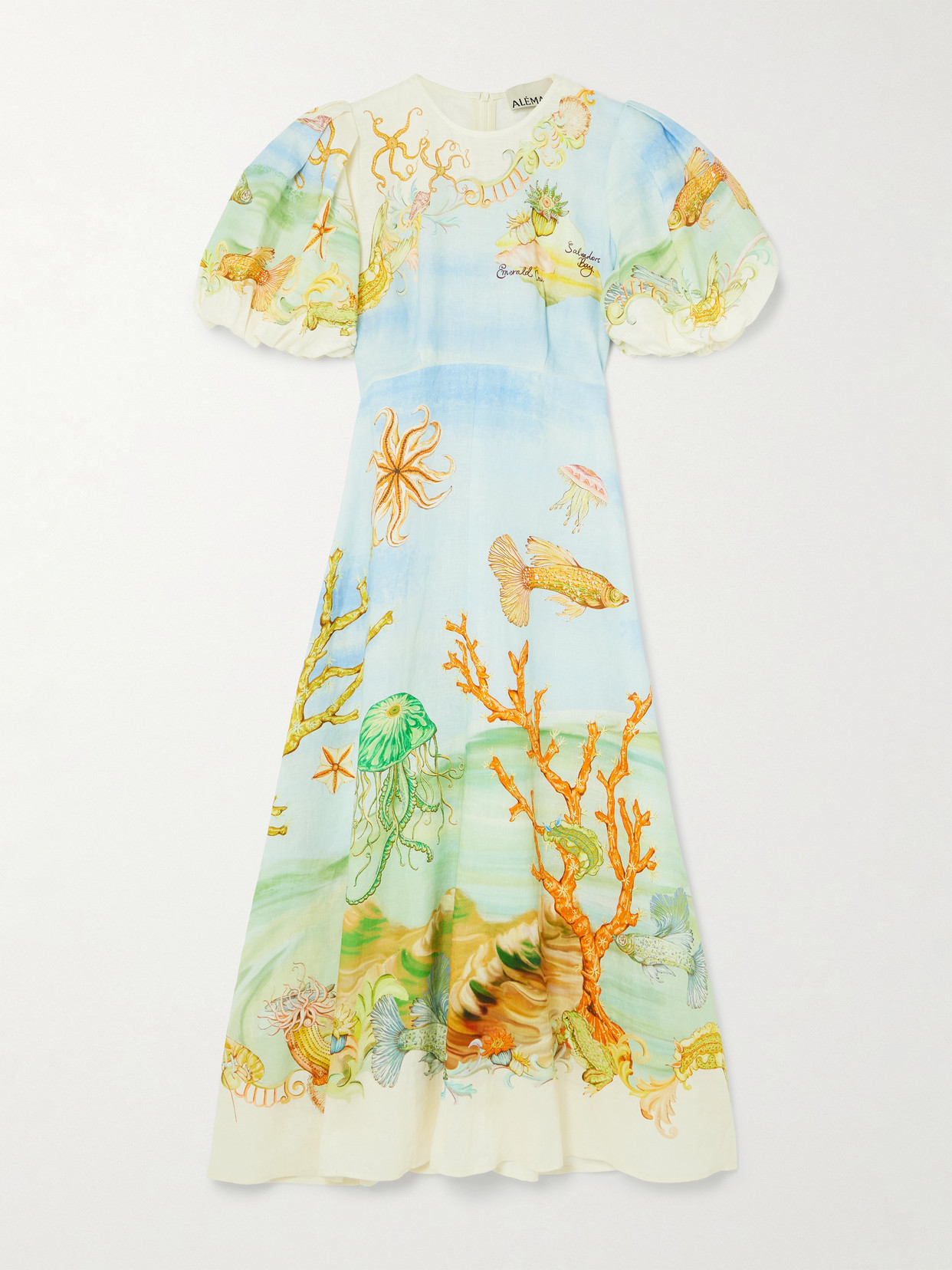 Alemais + Sam Pauletto Emerald Cove Gathered Printed Linen-gauze Midi Dress