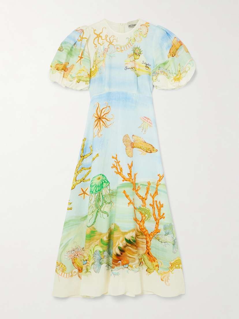 ALEMAIS + Sam Pauletto Emerald Cove Gathered Printed Linen-gauze Midi Dress