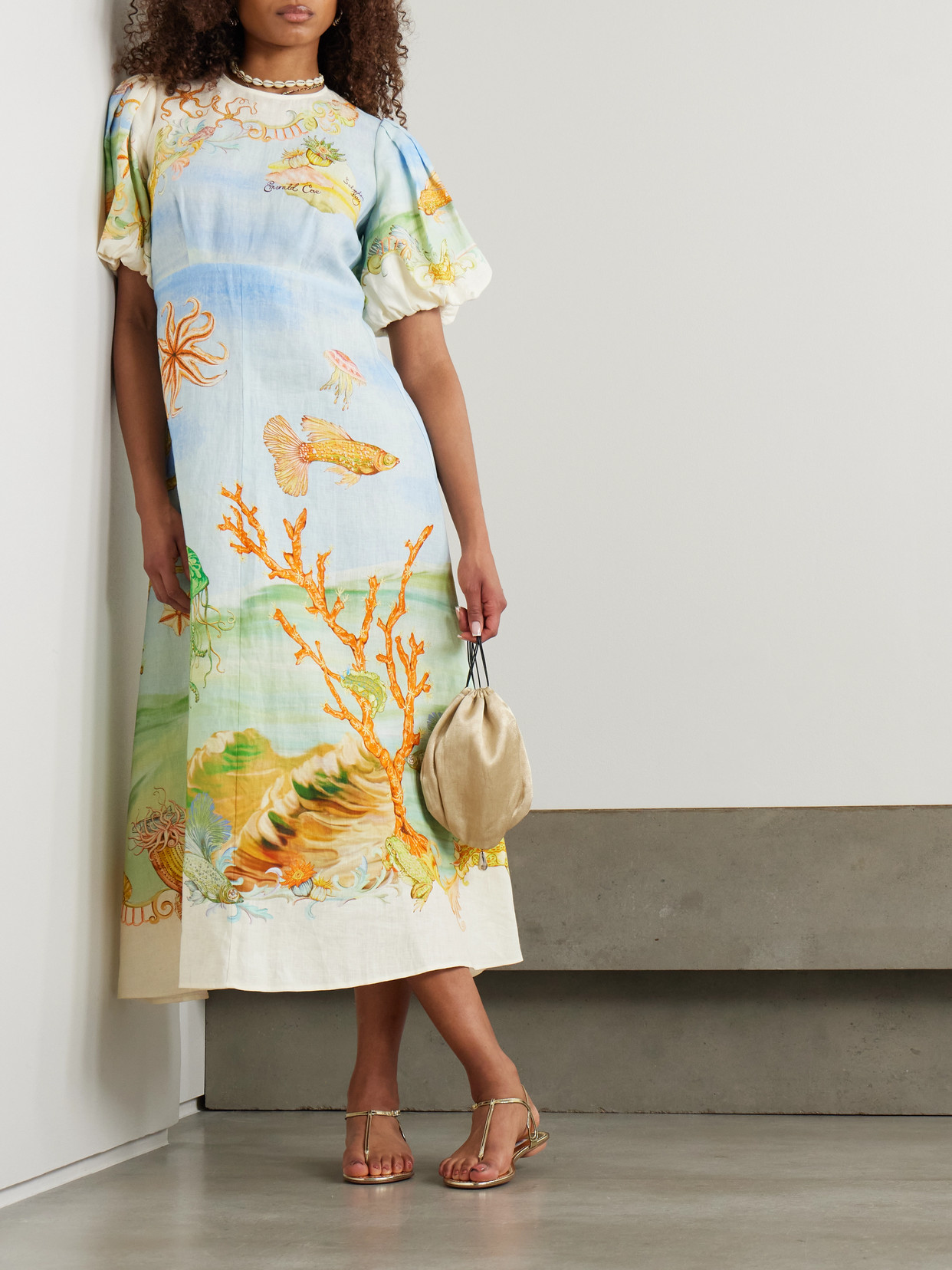 Alemais + Sam Pauletto Emerald Cove Gathered Printed Linen-gauze Midi Dress