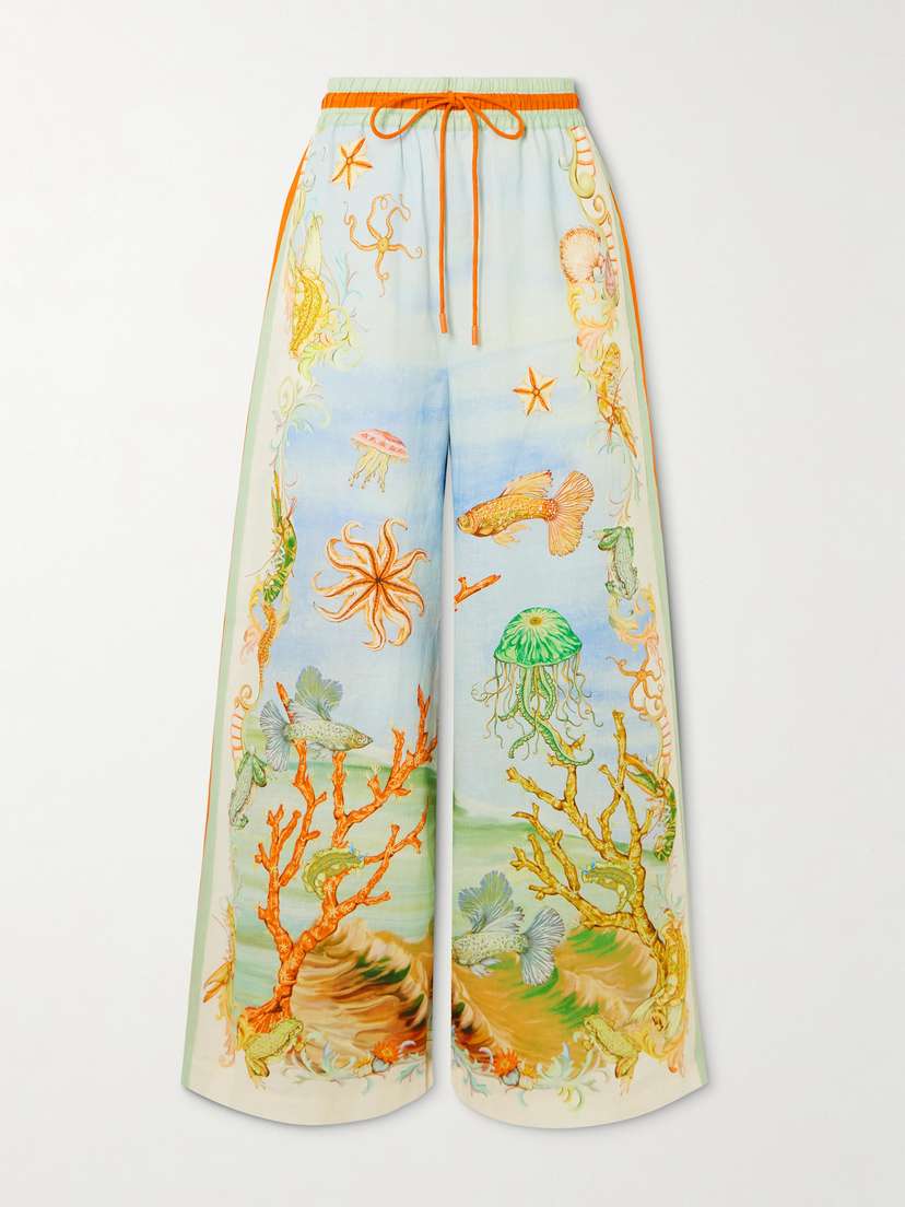 ALEMAIS + Sam Pauletto Emerald Cove Printed Linen-gauze Wide-leg Pants