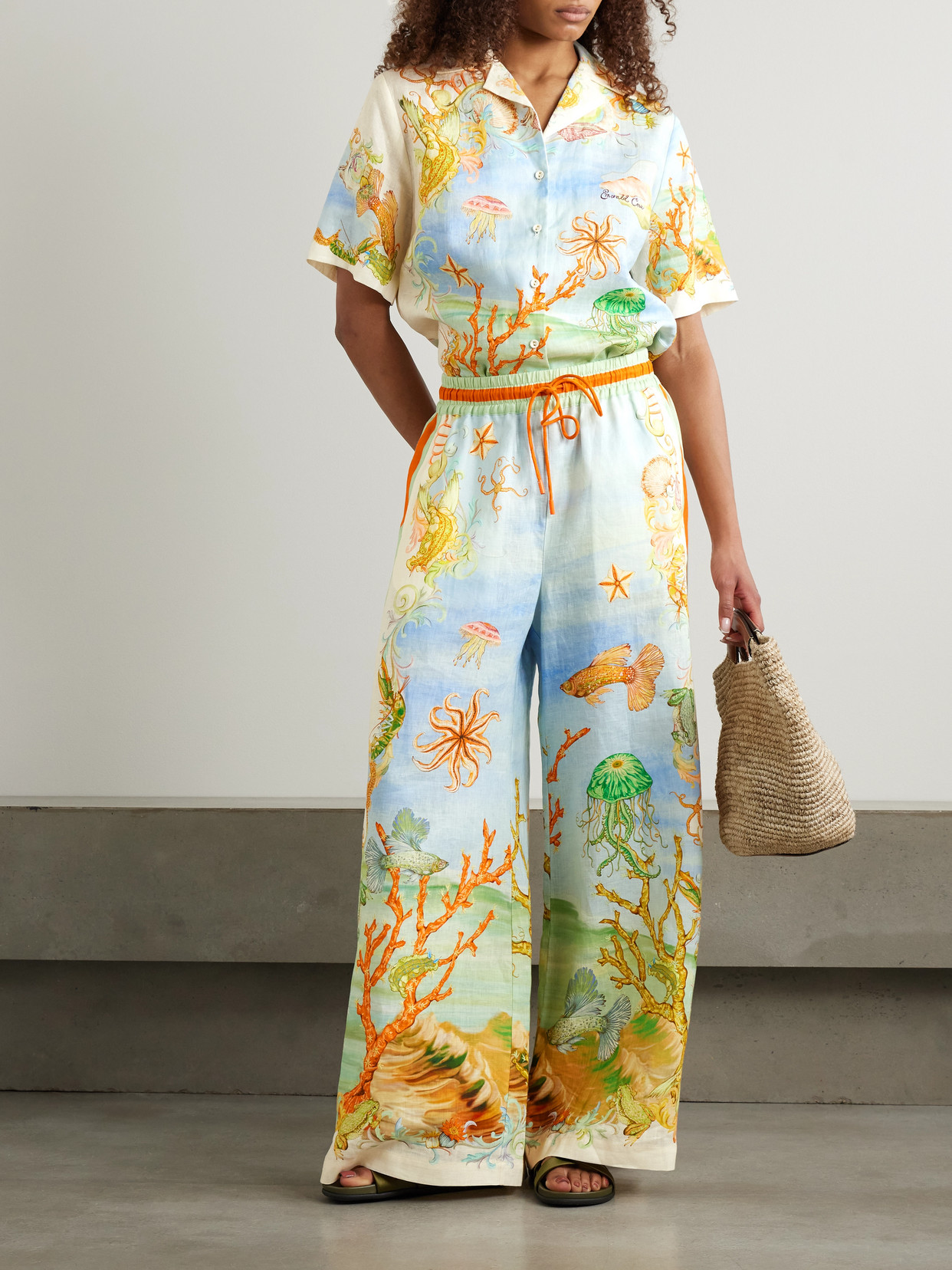 Shop Alemais + Sam Pauletto Emerald Cove Printed Linen-gauze Wide-leg Pants