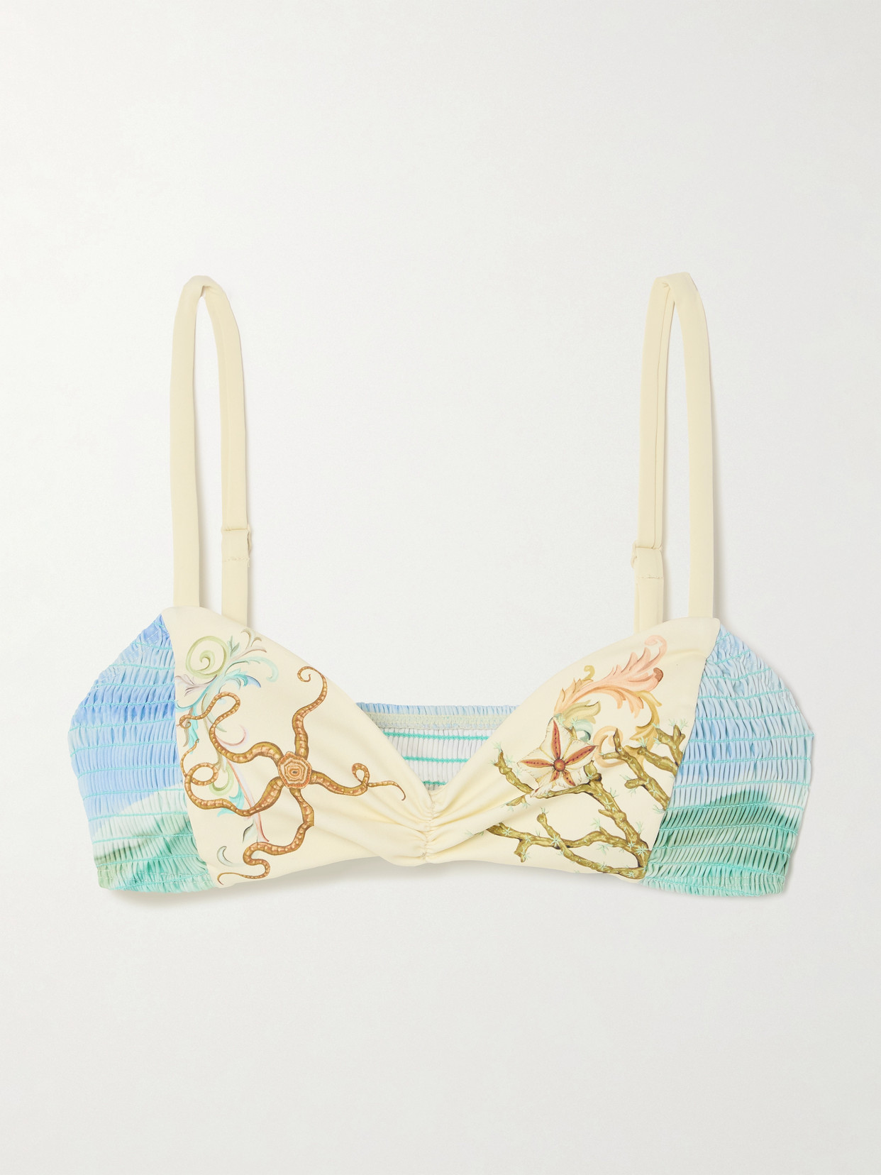 ALÉMAIS - Emerald Cove Shirred Printed Bikini Top - Blue