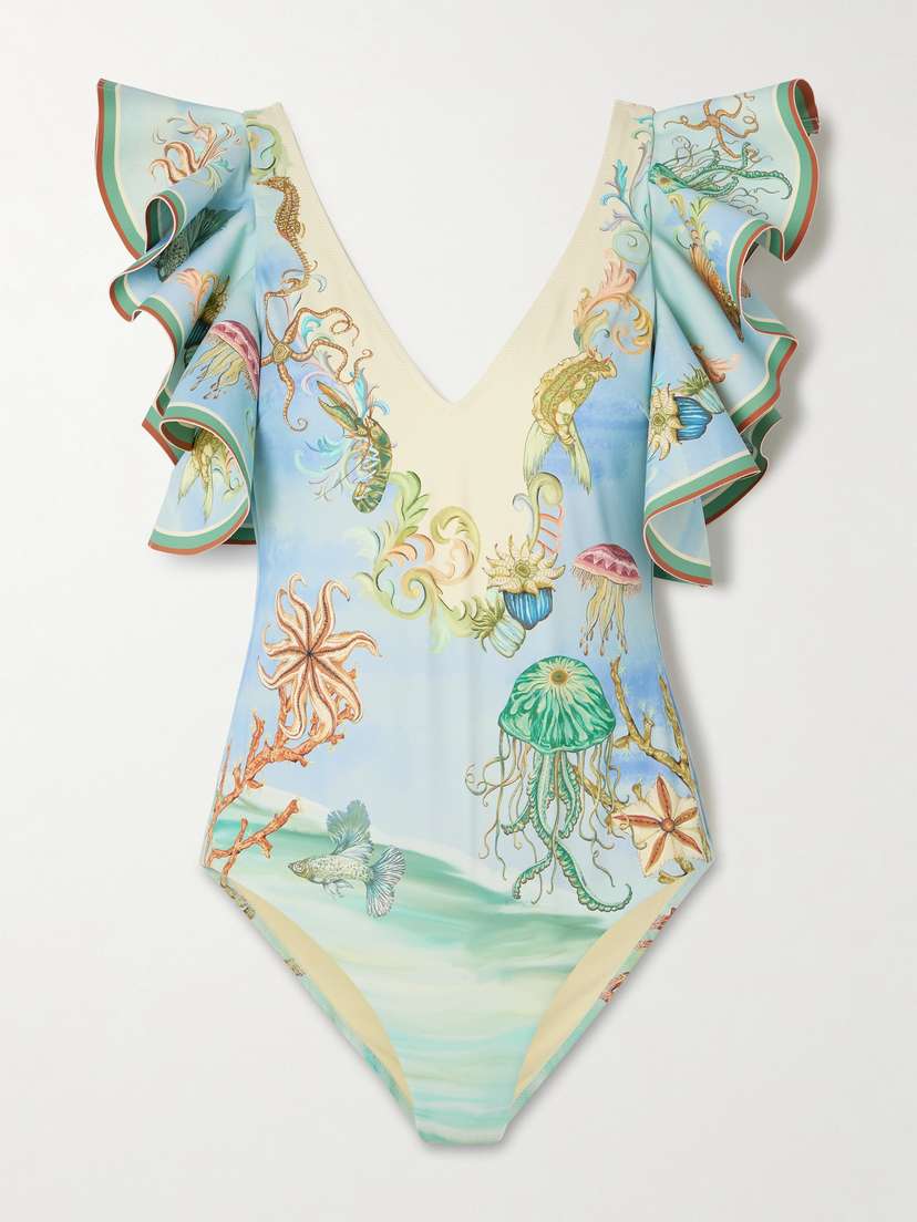 ALEMAIS Emerald Cove Ruffled Printed Recycled Swimsuit