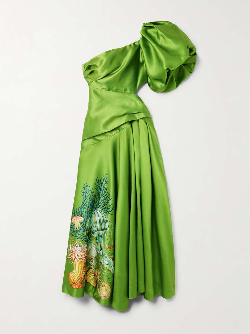 ALEMAIS + Sam Pauletto Aquatica One-shoulder Gathered Printed Recycled Satin-twill Dress