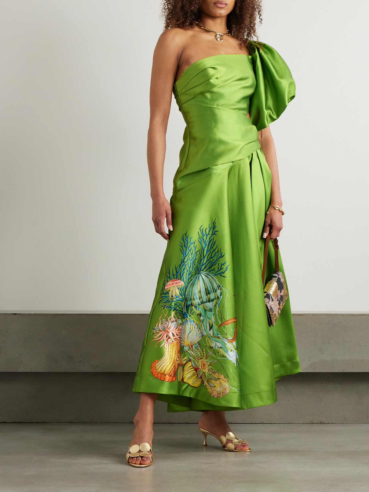 Shop Alemais + Sam Pauletto Aquatica One-shoulder Gathered Printed Recycled Satin-twill Dress