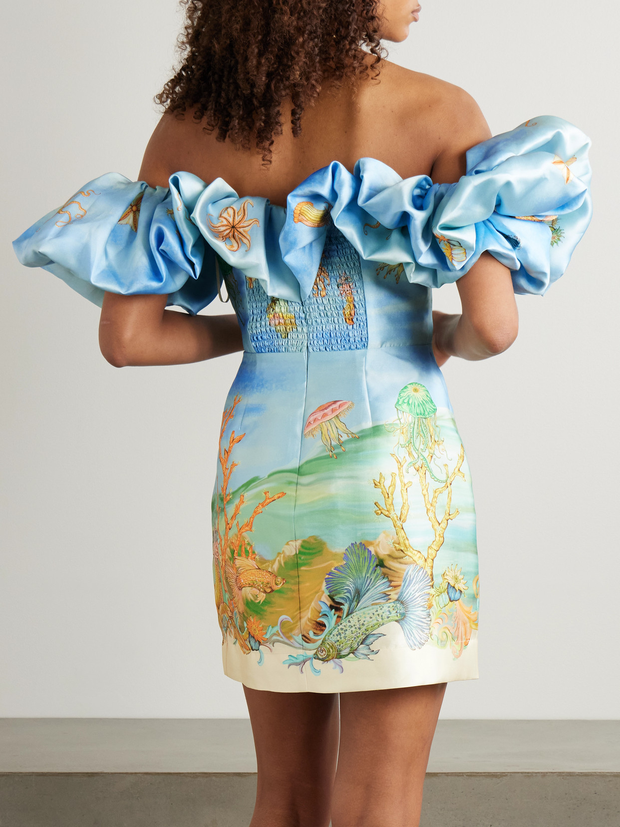 Alemais + Sam Pauletto Emerald Cove Off-the-shoulder Gathered Printed Recycled Duchesse-satin Mini Dress