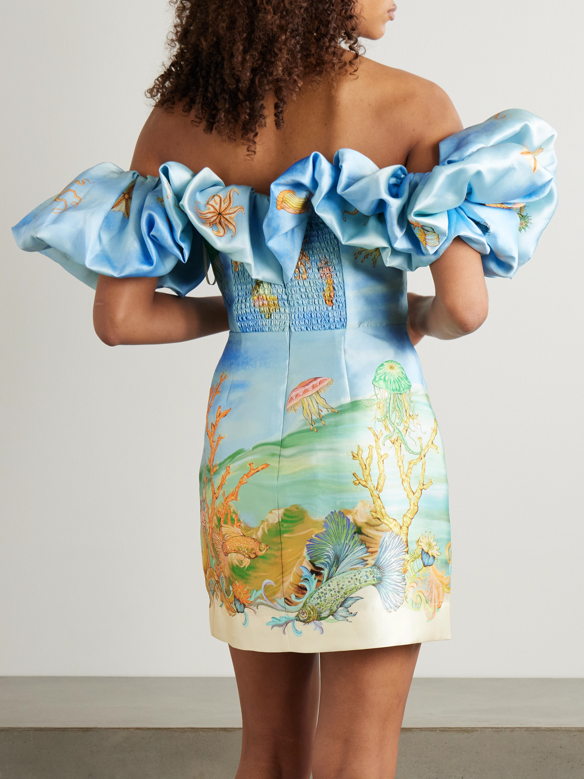 Alémais + Sam Pauletto Emerald Cove off-the-shoulder gathered printed recycled Duchesse-satin mini dress