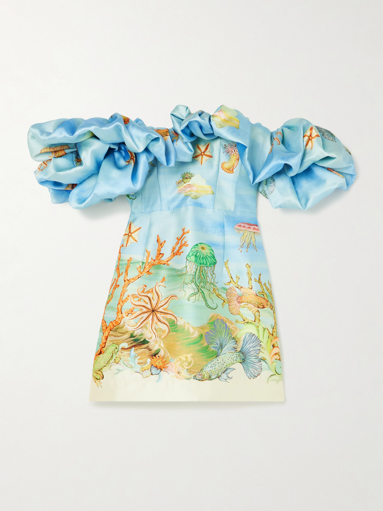 Alemais + Sam Pauletto Emerald Cove Off-the-shoulder Gathered Printed Recycled Duchesse-satin Mini Dress