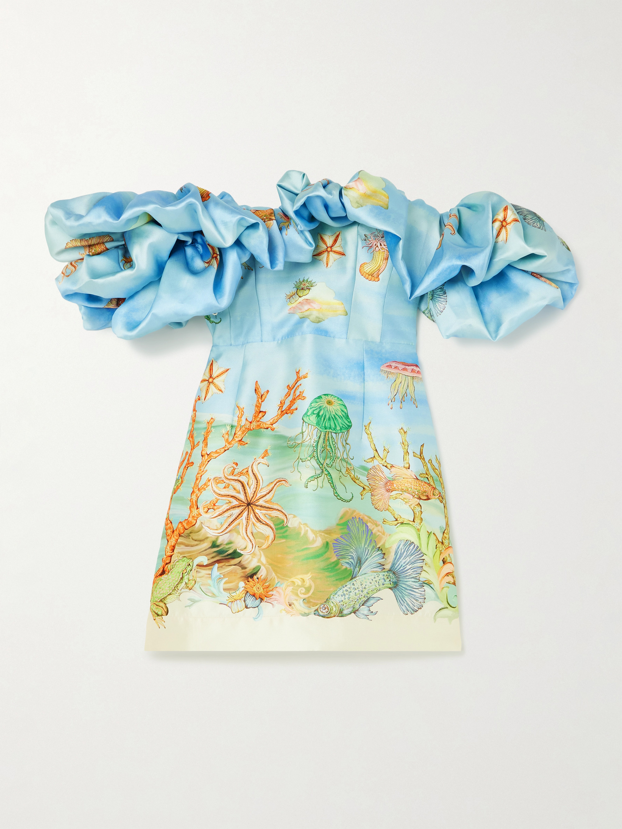 Alémais + Sam Pauletto Emerald Cove off-the-shoulder gathered printed recycled Duchesse-satin mini dress
