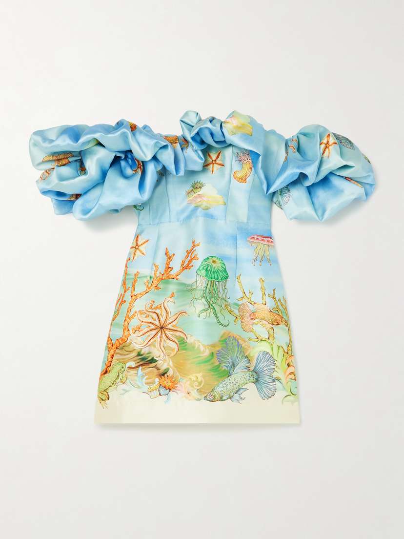 ALEMAIS + Sam Pauletto Emerald Cove Off-the-shoulder Gathered Printed Recycled Duchesse-satin Mini Dress