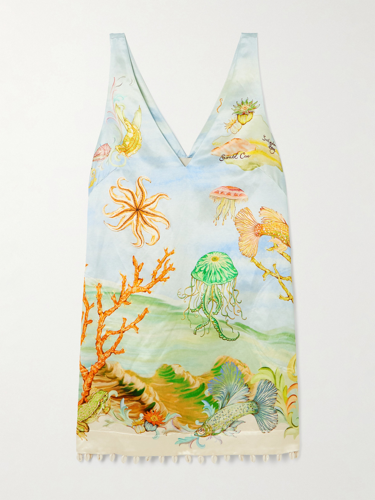ALÉMAIS - + Sam Pauletto Emerald Cove Embellished Printed Hemp And Silk-blend Mini Dress - Blue