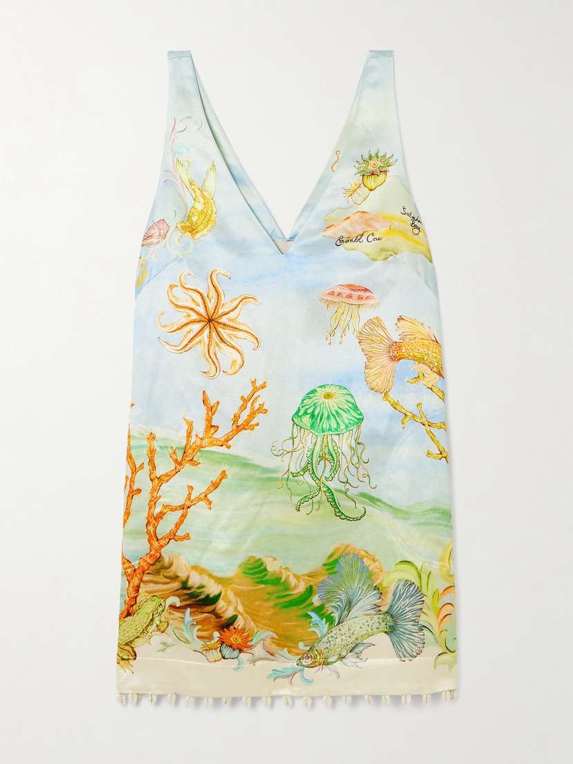 ALEMAIS + Sam Pauletto Emerald Cove Embellished Printed Hemp And Silk-blend Mini Dress