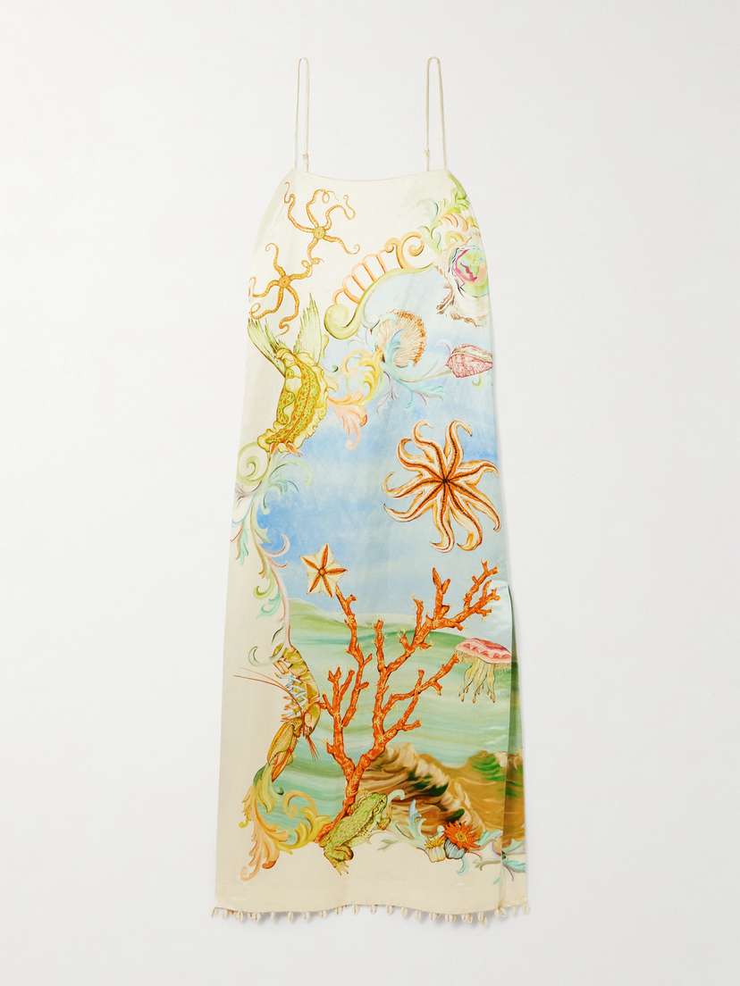 ALEMAIS + Sam Pauletto Emerald Cove Embellished Printed Hemp And Silk-blend Midi Dress