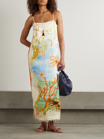 Alémais + Sam Pauletto Emerald Cove embellished printed hemp and silk-blend midi dress