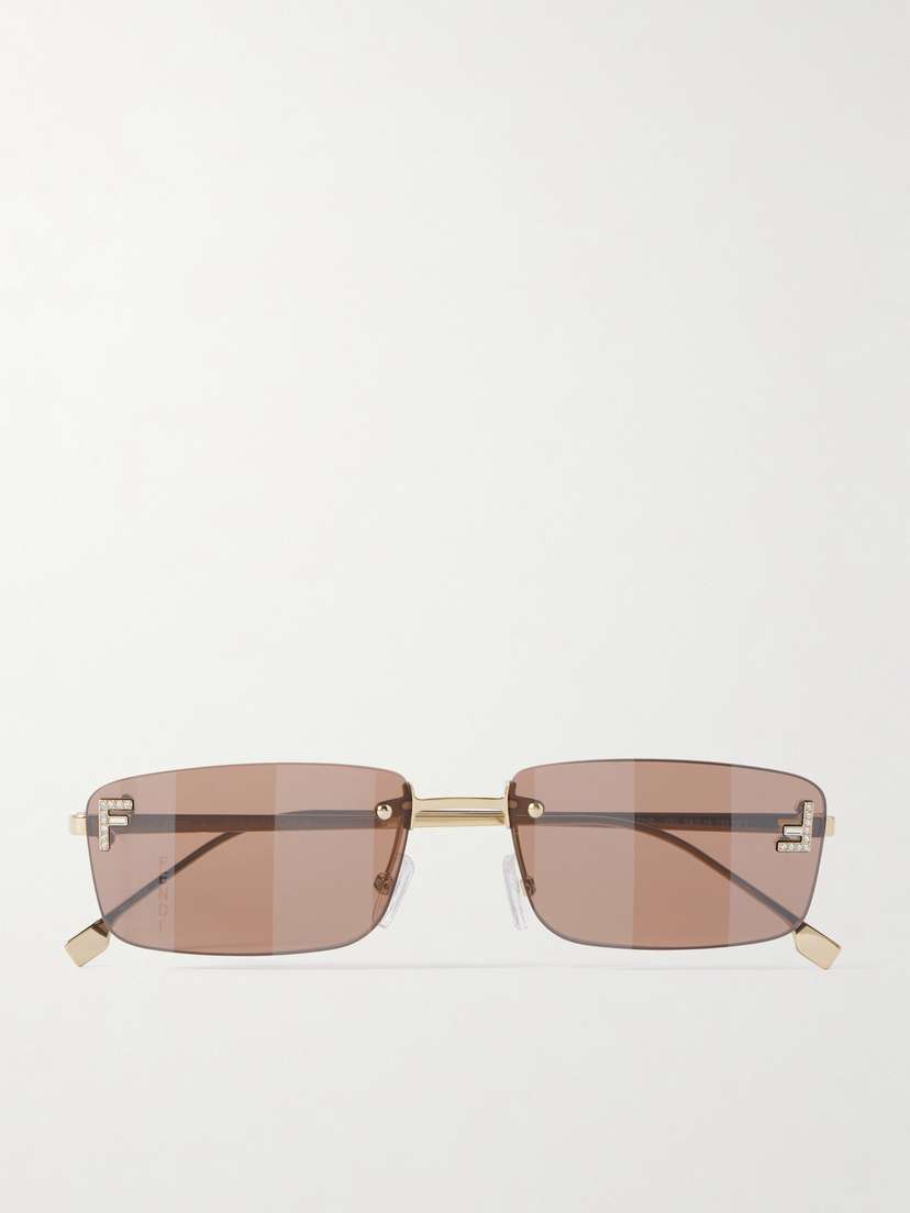 FENDI EYEWEAR Fendi First Rectangular-frame Crystal-embellished Gold-tone Sunglasses