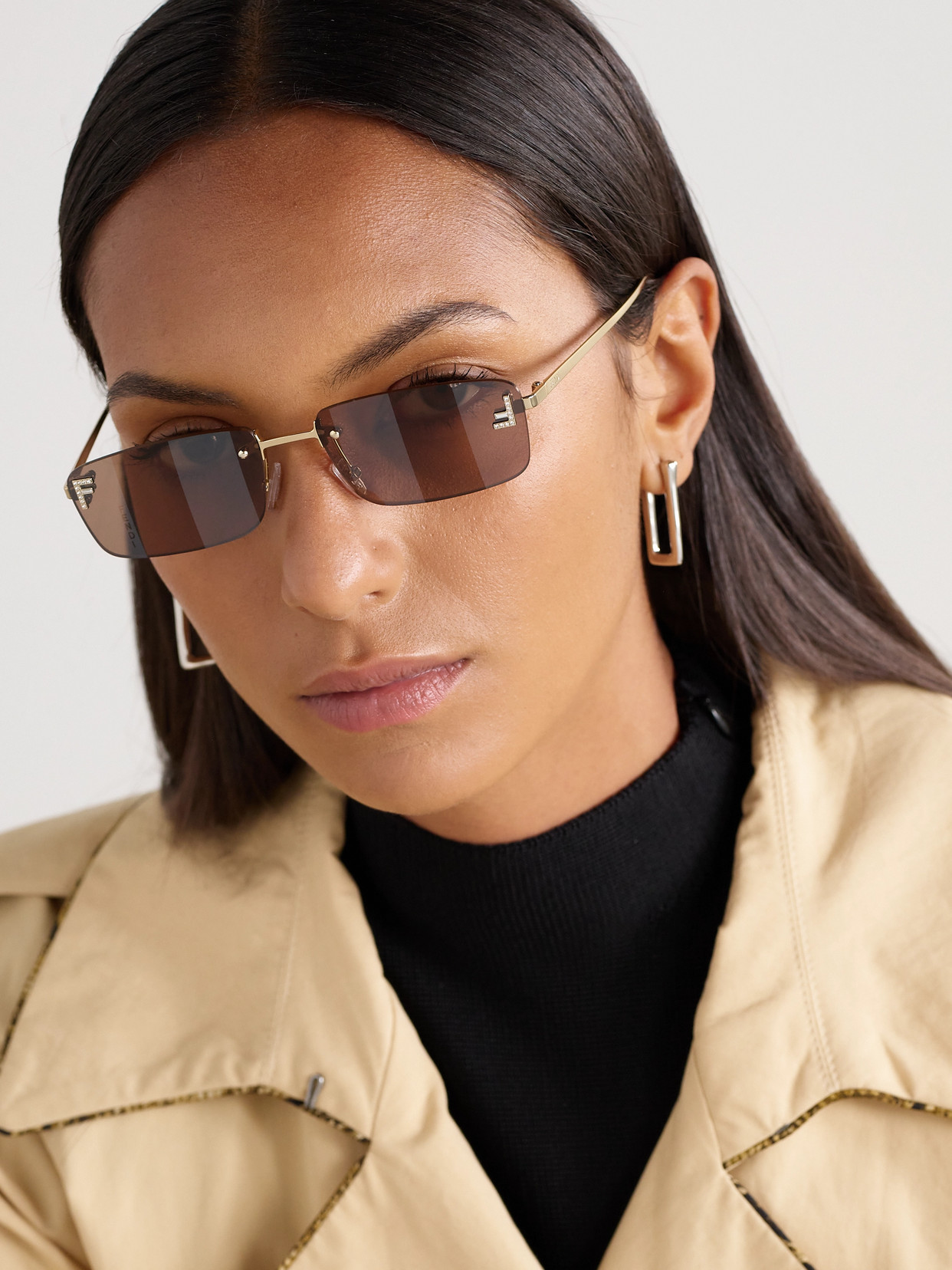 Fendi First Rectangular-frame Crystal-embellished Gold-tone Sunglasses In Pink