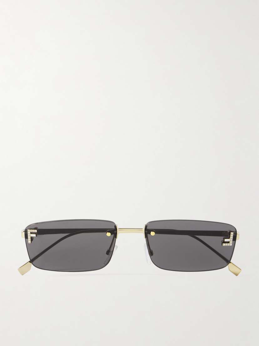 FENDI EYEWEAR Fendi First Rectangular-frame Crystal-embellished Gold-tone Sunglasses