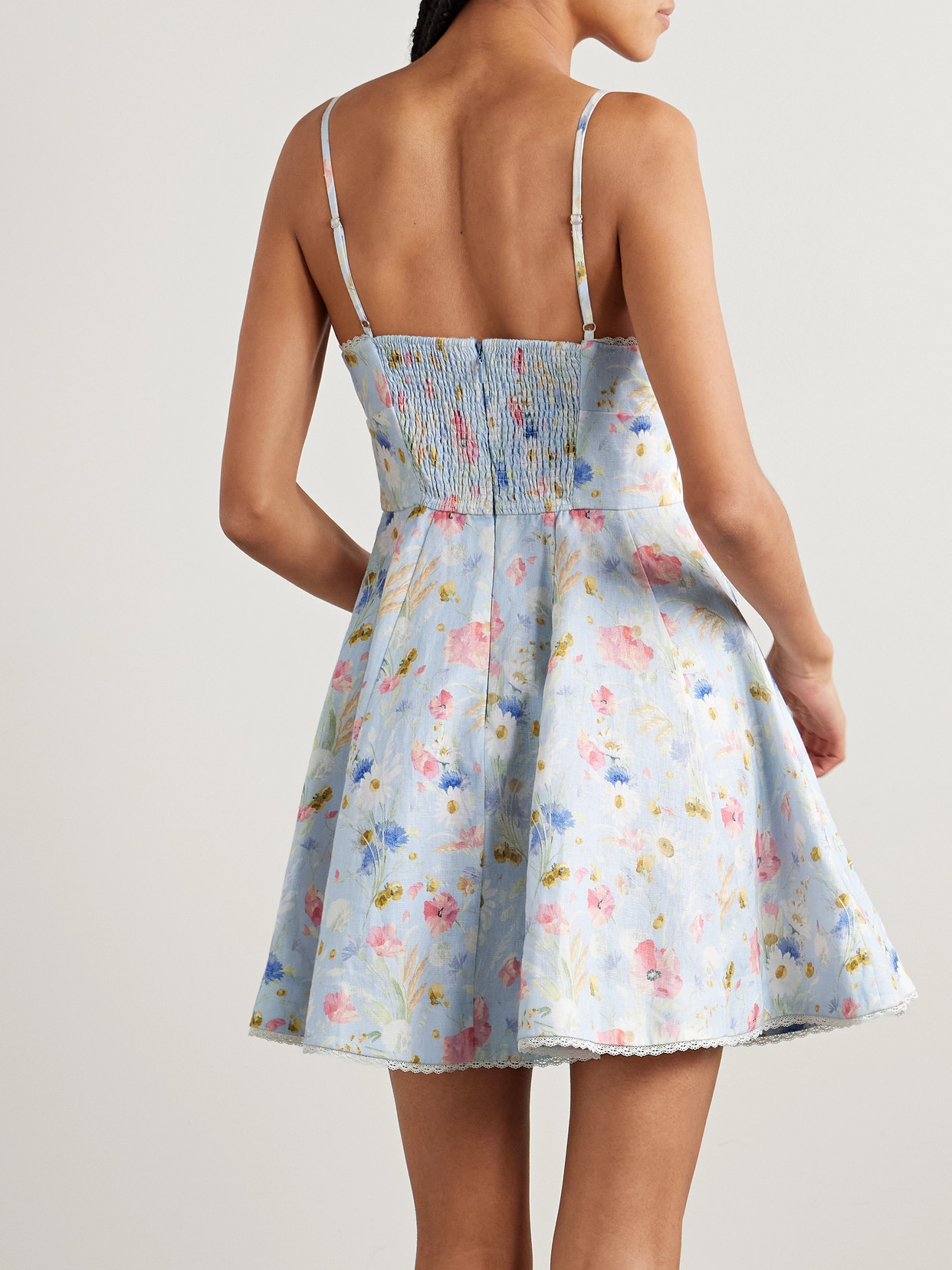 Zimmermann Lucky Lace-trimmed Floral-print Linen Mini Dress In Blue