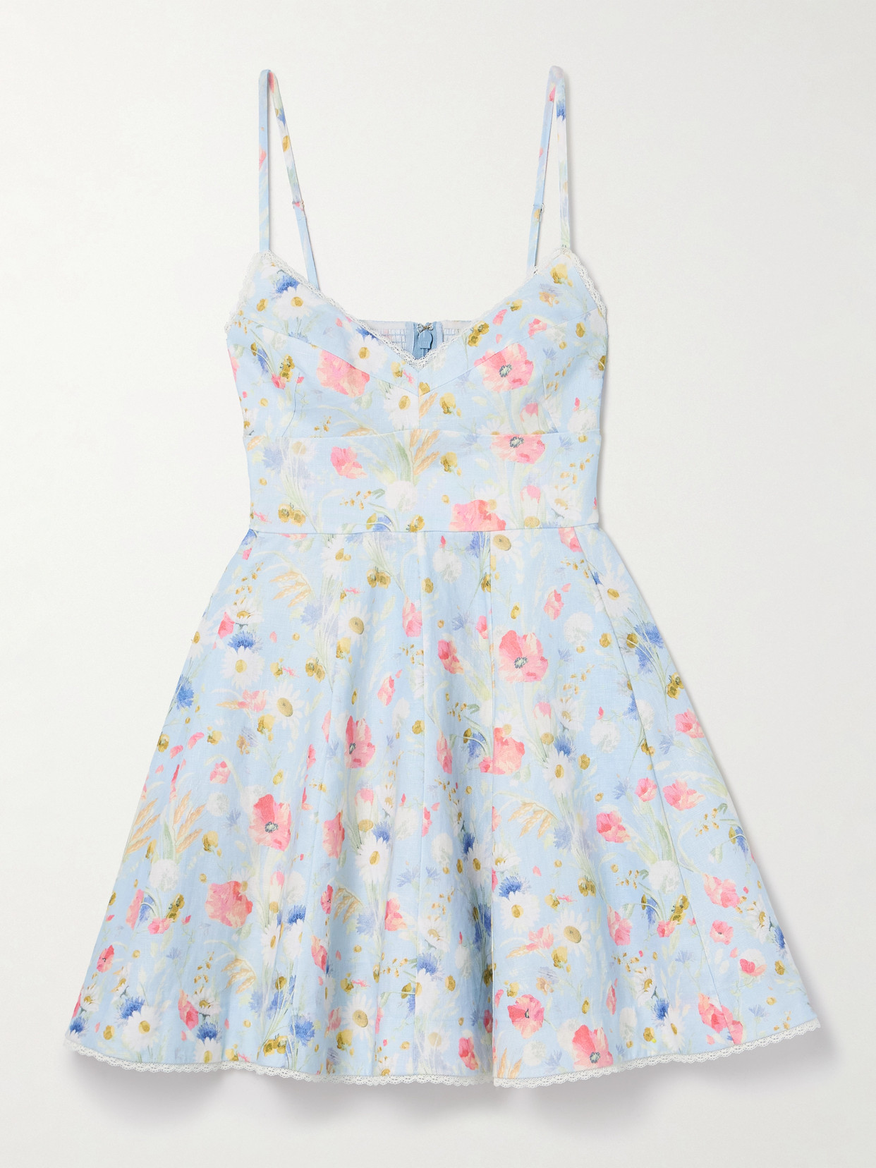 Zimmermann Lucky Lace-trimmed Floral-print Linen Mini Dress In Blue