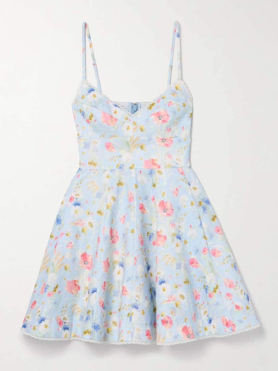 lucky lace-trimmed floral-print linen mini dress