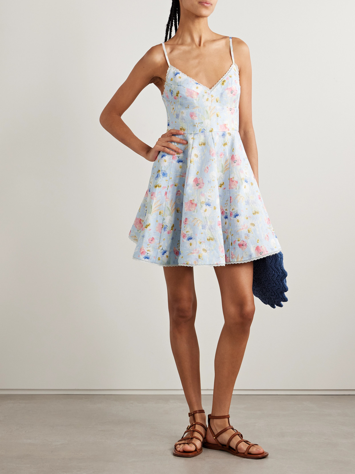 Zimmermann Lucky Lace-trimmed Floral-print Linen Mini Dress In Blue