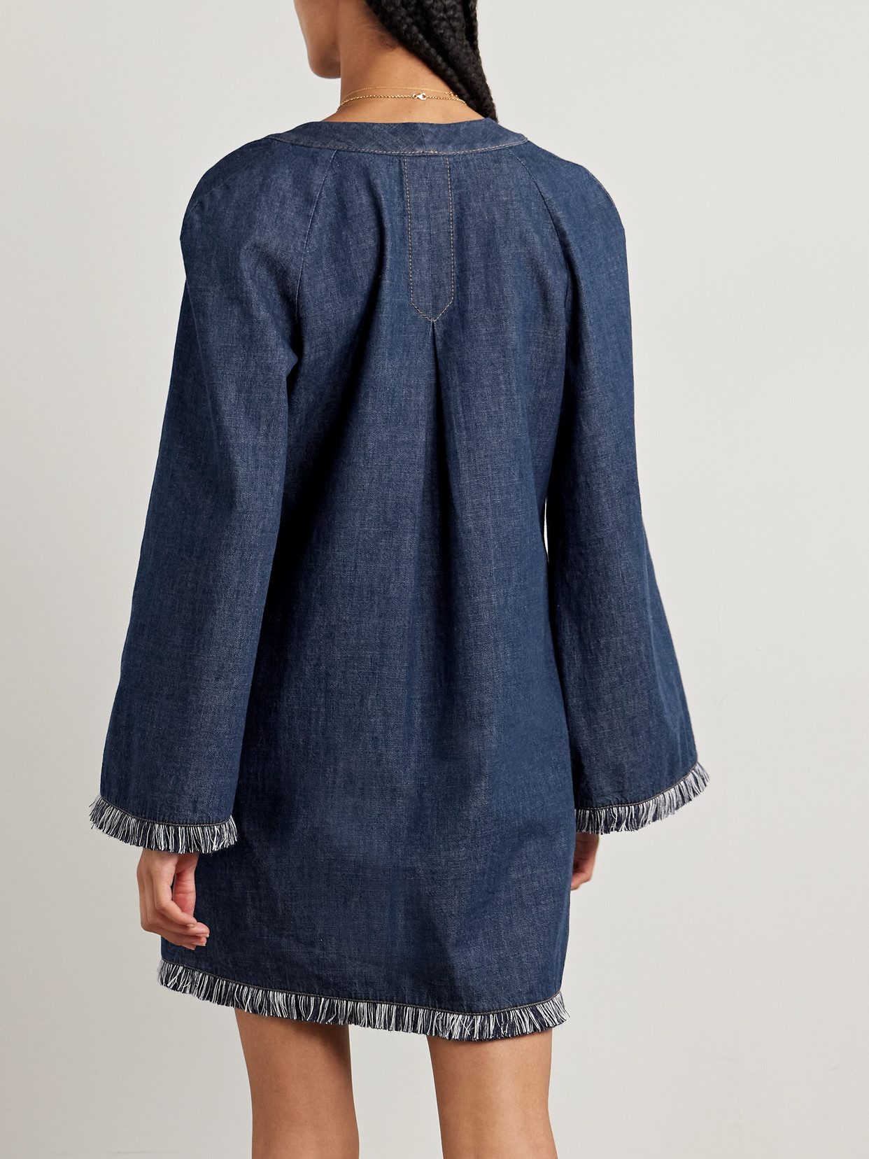 ZIMMERMANN RHIANNON TIE-DETAILED FRAYED DENIM MINI DRESS