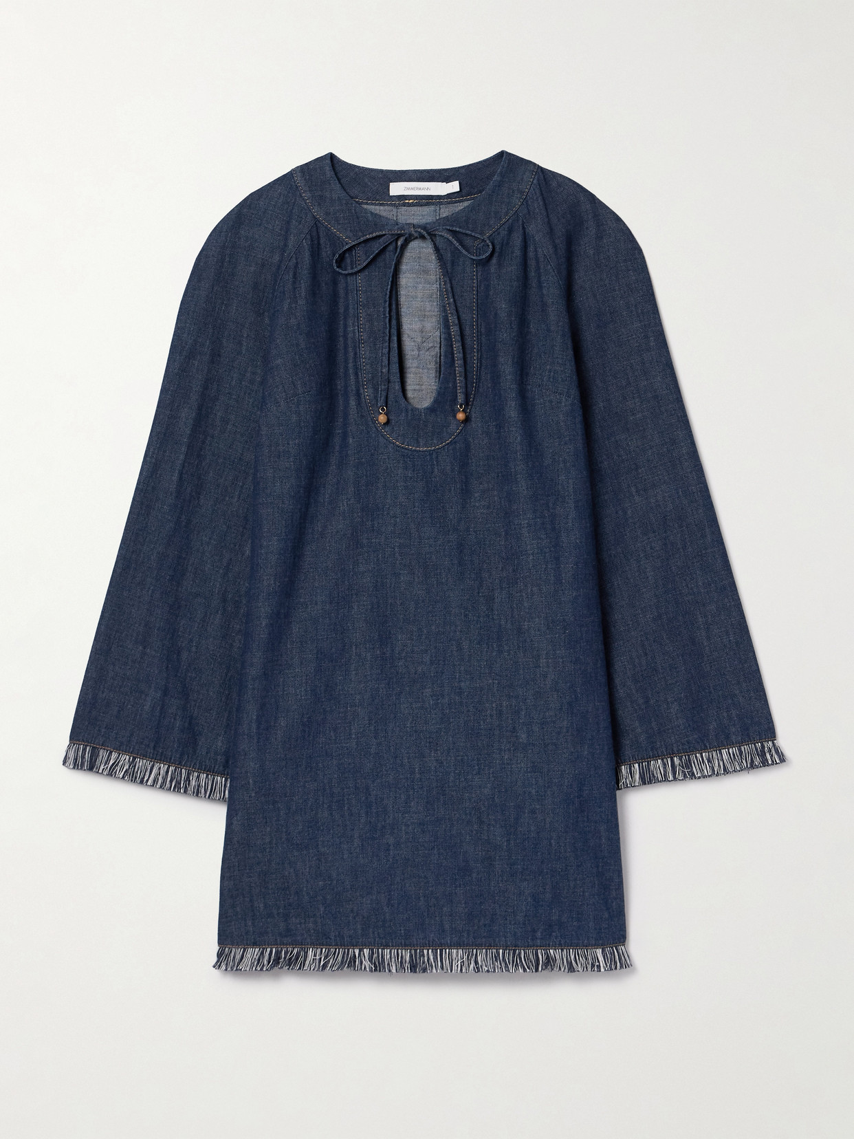 ZIMMERMANN RHIANNON TIE-DETAILED FRAYED DENIM MINI DRESS