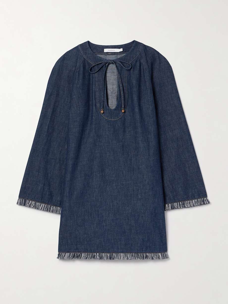 rhiannon tie-detailed frayed denim mini dress