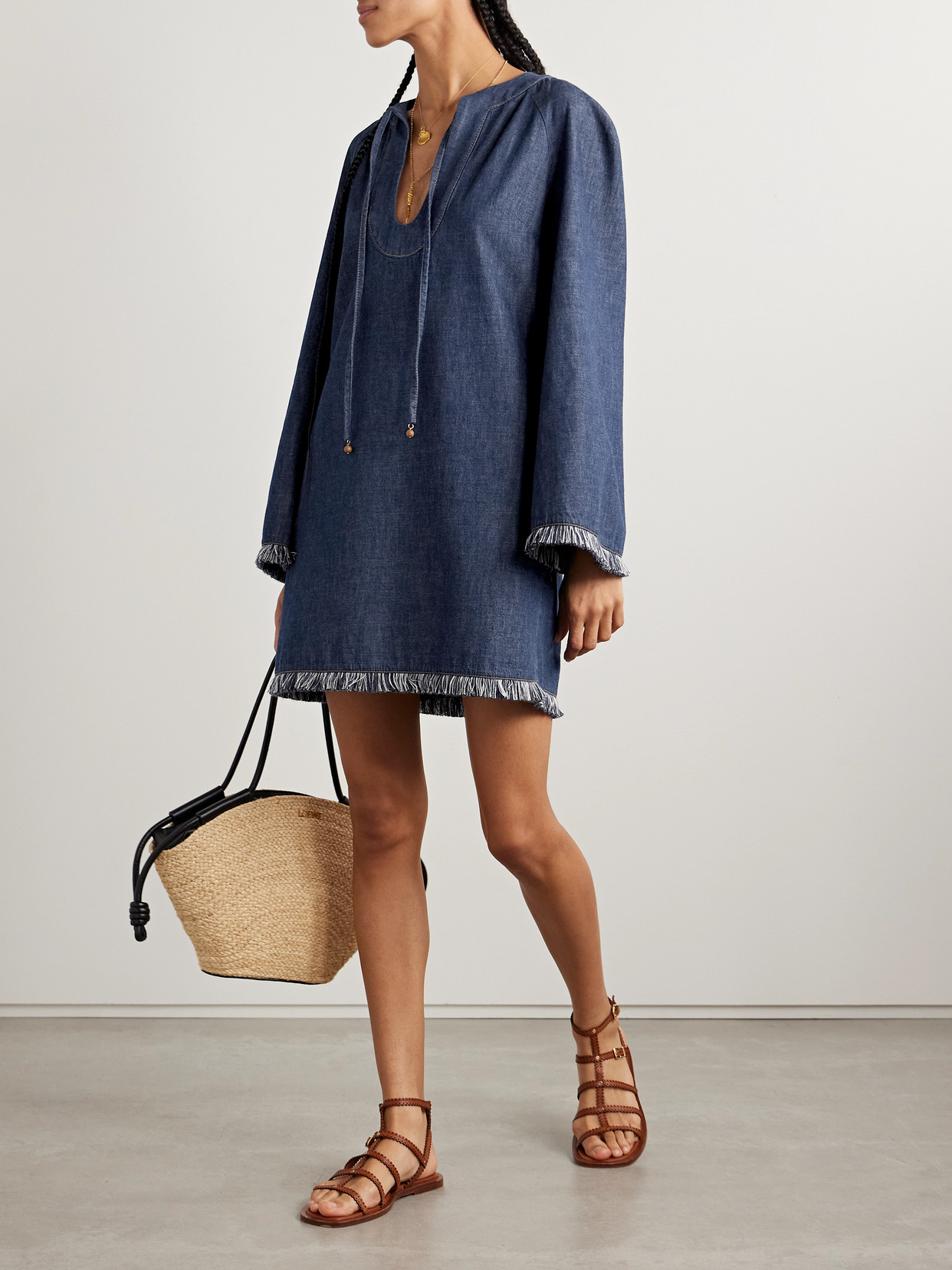 ZIMMERMANN RHIANNON TIE-DETAILED FRAYED DENIM MINI DRESS