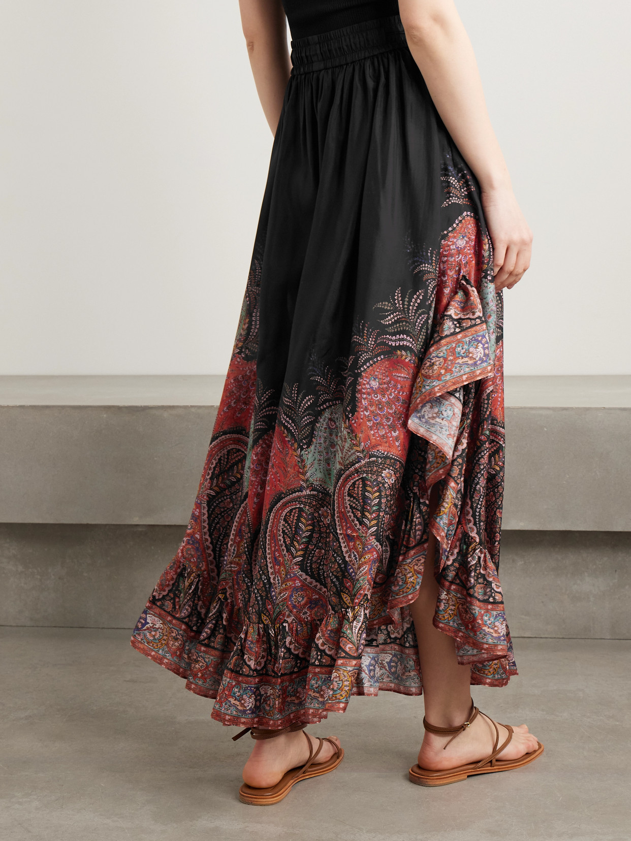 Zimmermann Rhiannon Ruffled Paisley-print Organic Silk Maxi Skirt In Black